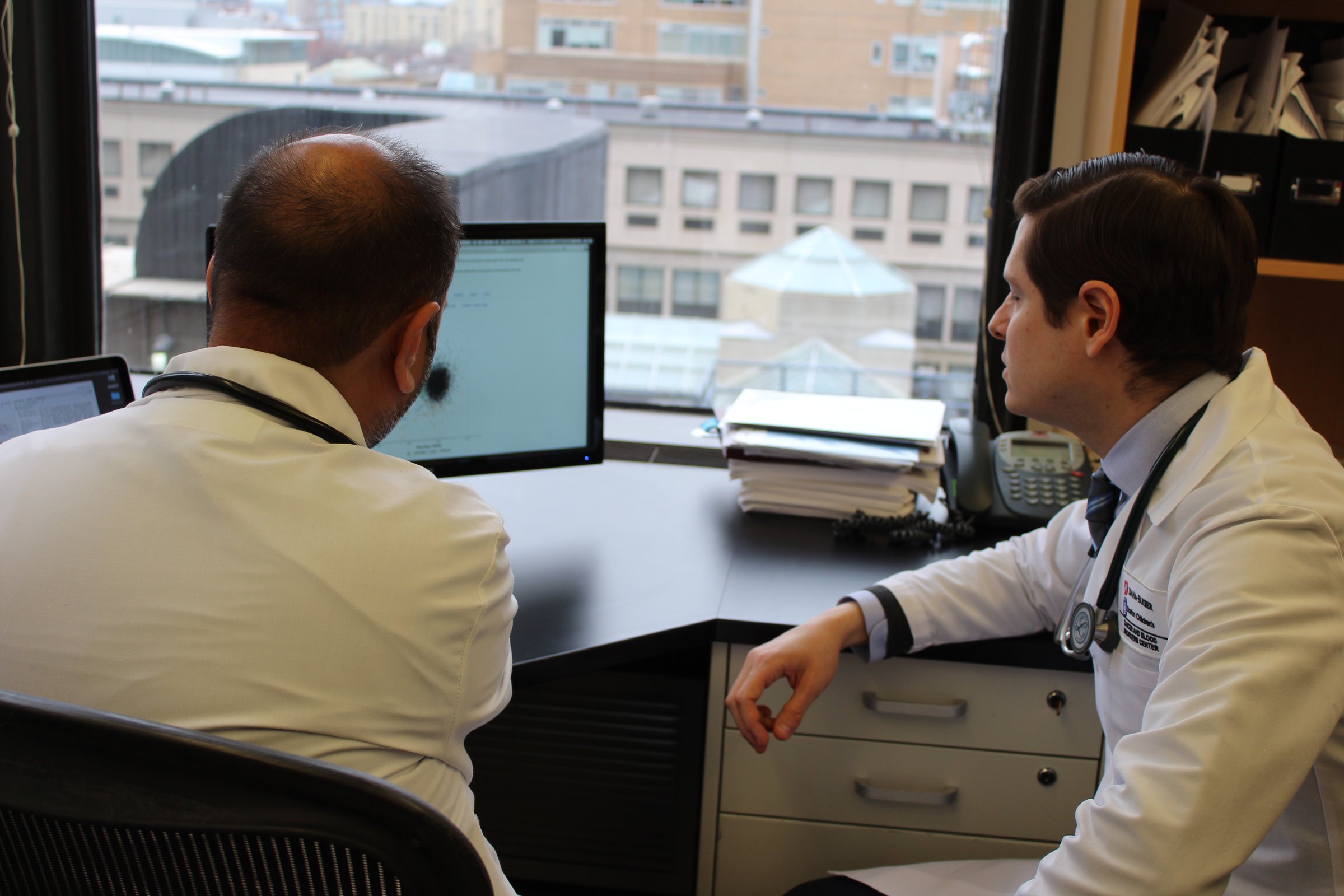 Two physicians reviewing research at a workstation